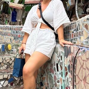White Textured Crop Top and Shorts Set